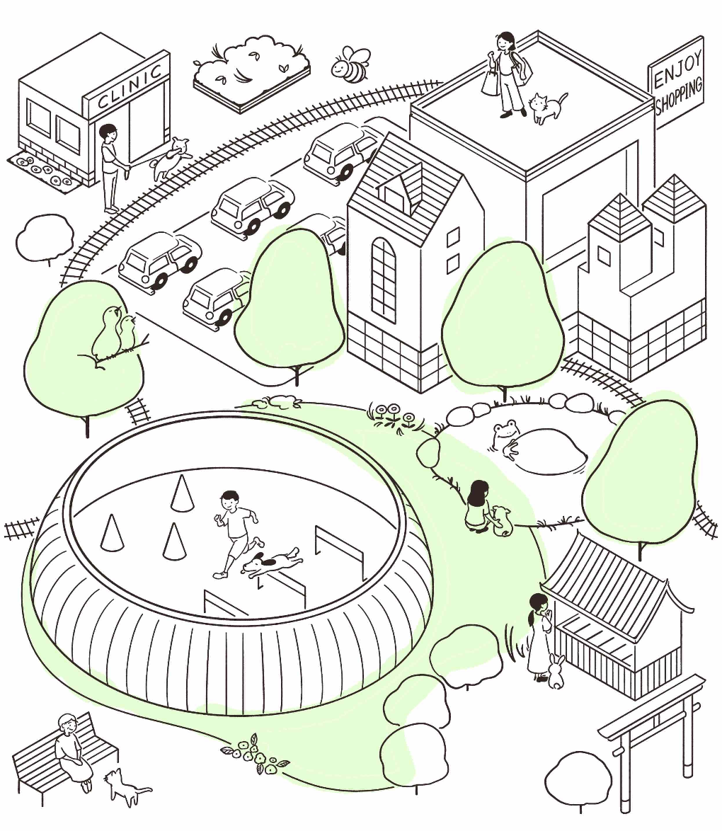 海辺の街のイラスト（灯台・スイーツショップ・桟橋・ビーチカフェ）