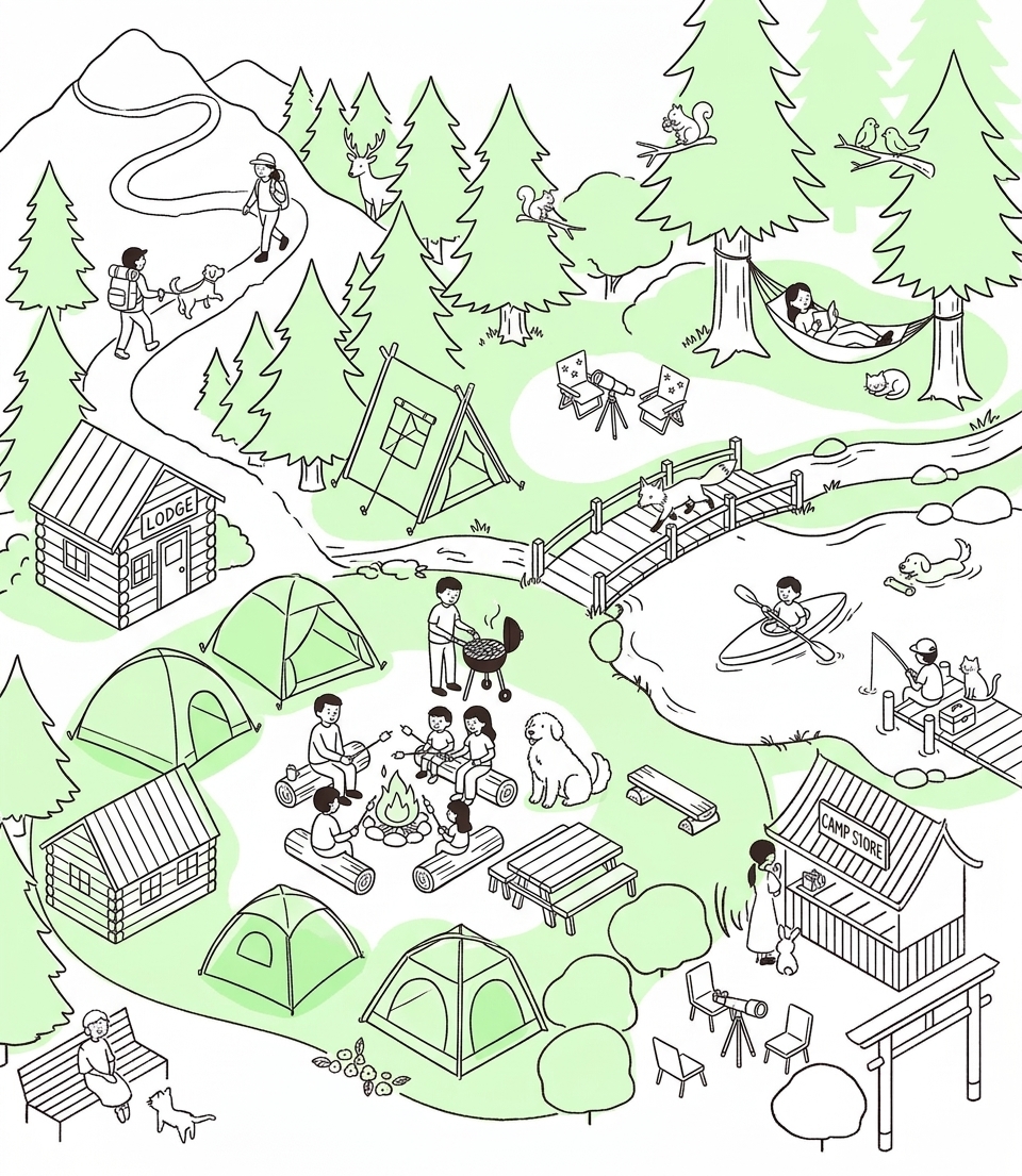 住まいと庭のイラスト（家族の暮らし・ペット・家庭菜園）