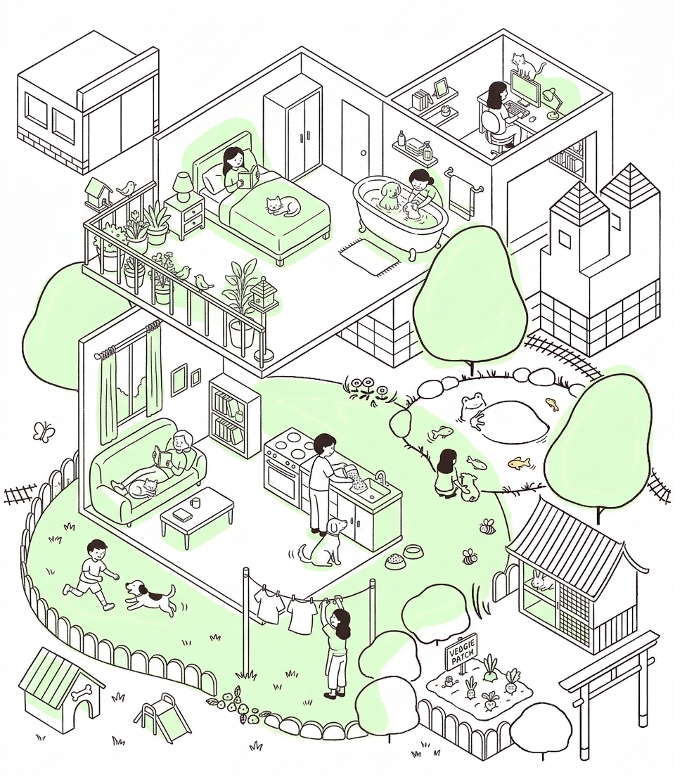 街と公園のイラスト（クリニック・ショッピング・スタジアム）